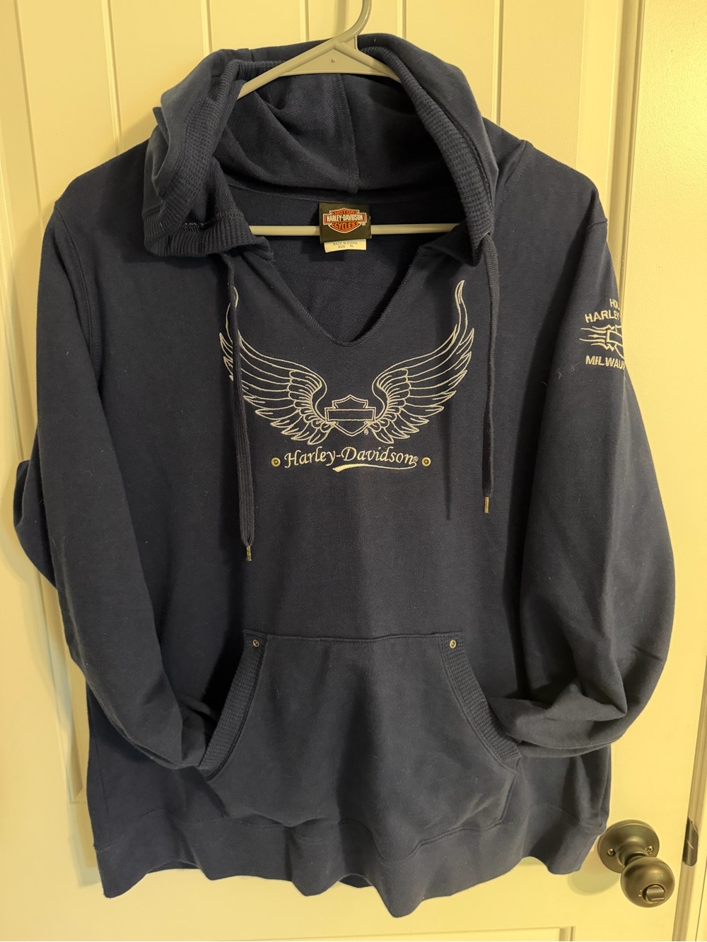 Harley Davidson Winged Bar & Shield V Neck Hoodie Sweatshirt Navy Blue